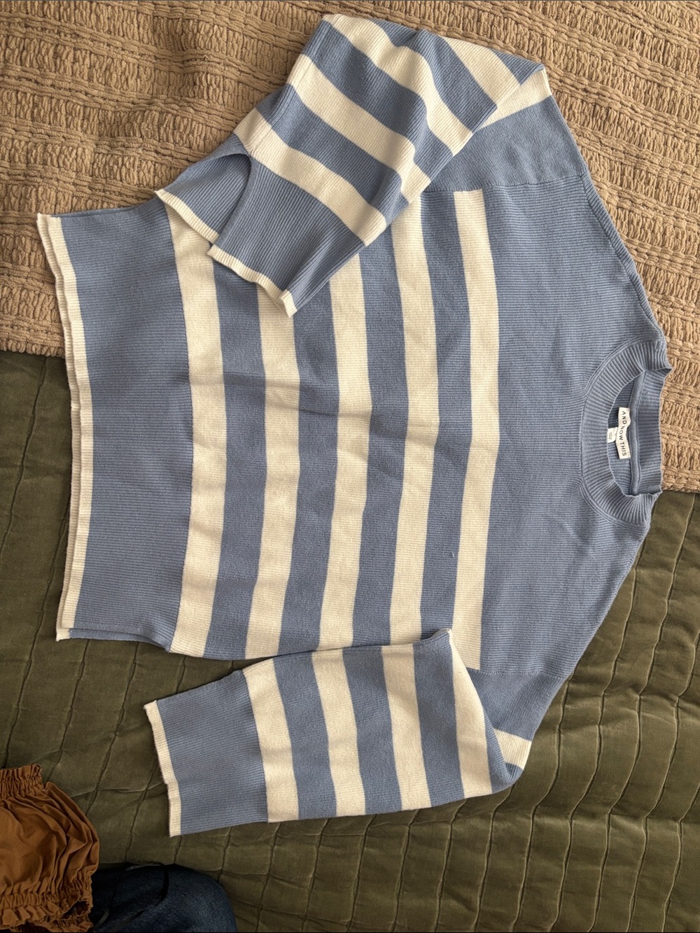 Women's Light Blue & Cream Striped Pajama Top - Crew Neck